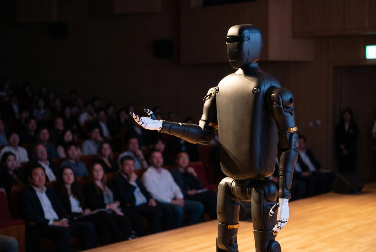 RObot presenting on a stage to a seated audience.