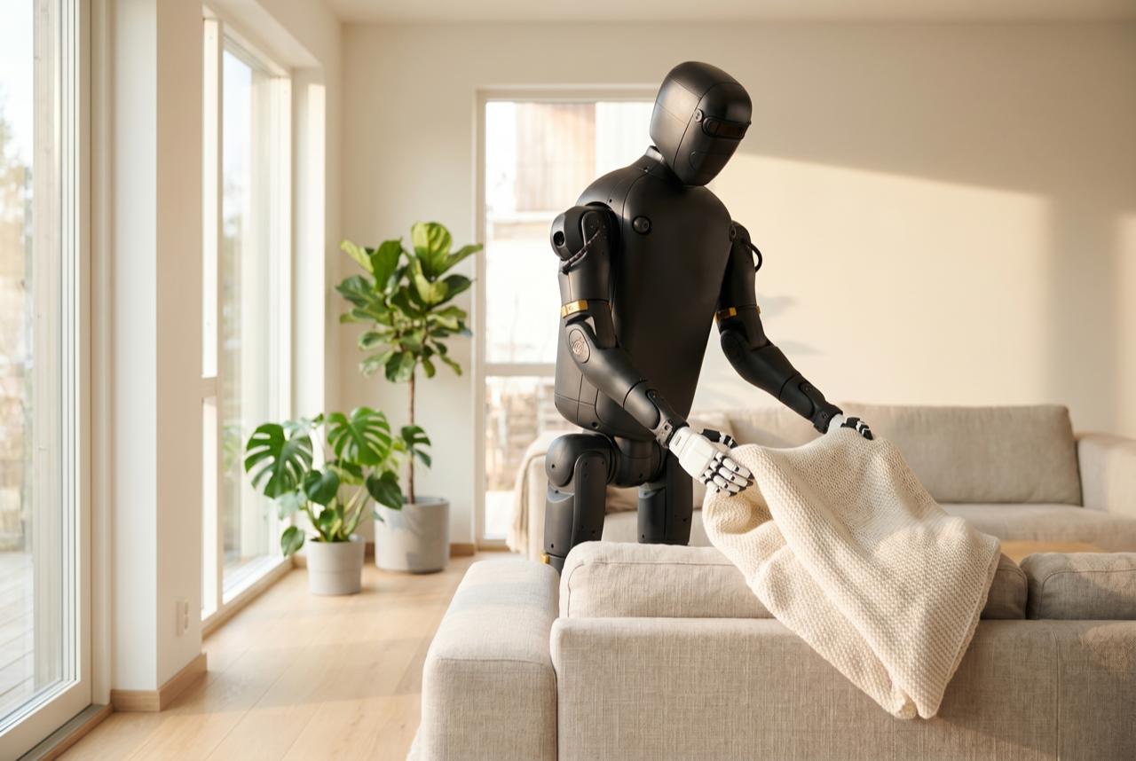 RObot tidying a sunlit living room, folding a blanket over a sofa.
