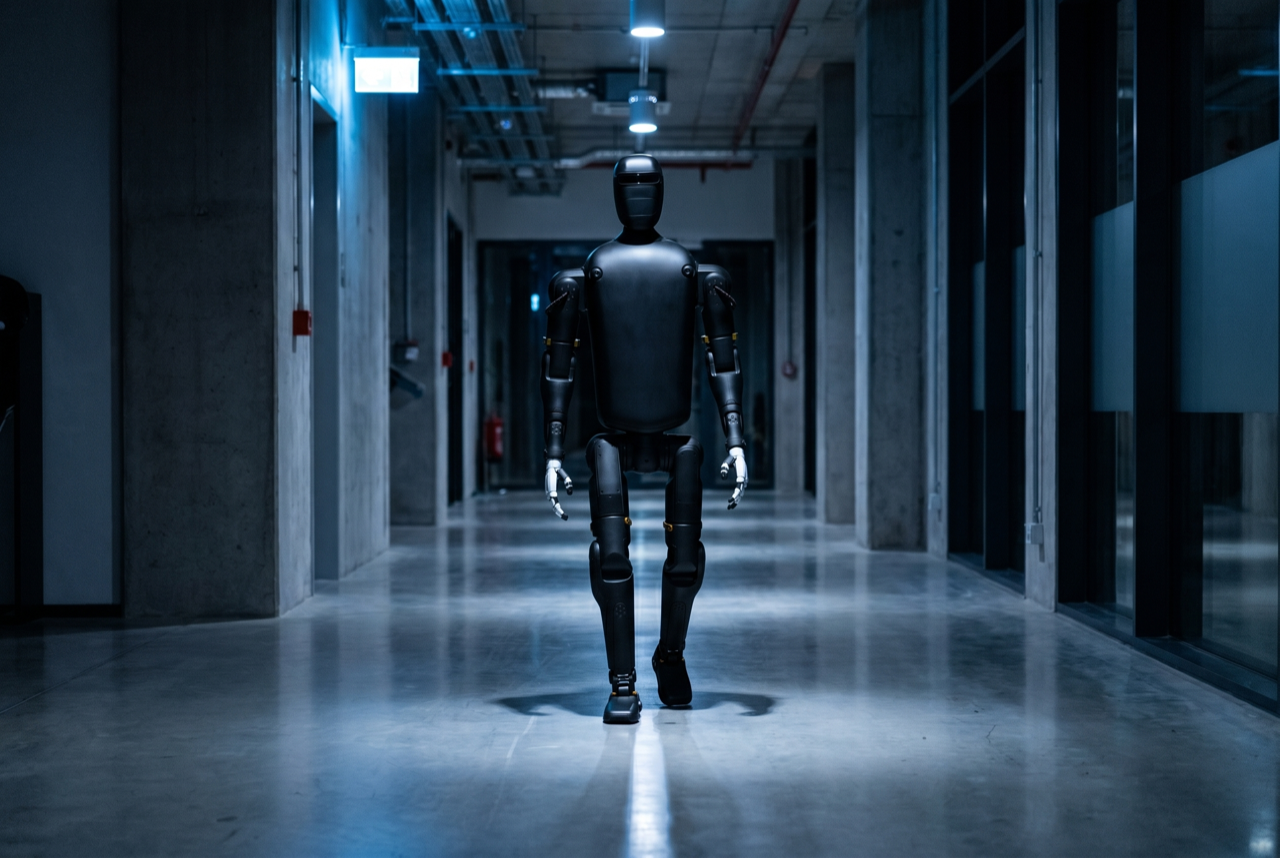 RObot patrolling a facility corridor at night.