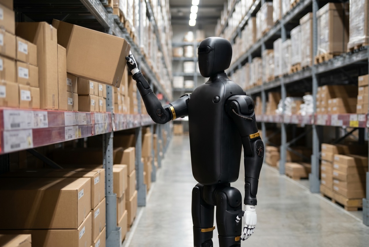 RObot picking a box from a warehouse shelving rack.